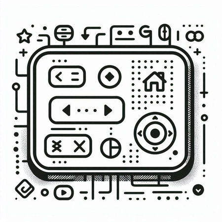 Illustration of an electronic device with buttons and icons in black and white