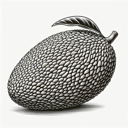 Illustration of a durian fruit in engraving style.