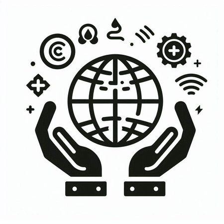 Globe and hands icon. Black on white background. Vector illustration.