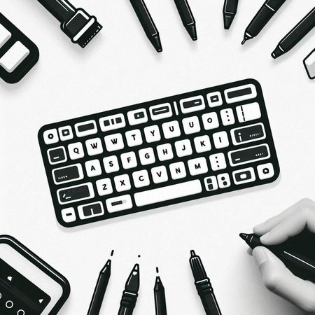 Top view of office workplace with keyboard and other office supplies on white background