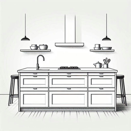 Kitchen interior sketch vector illustration. Hand drawn kitchen interior sketch.