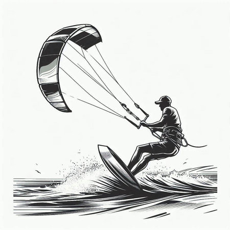 Kitesurfer in action. Hand drawn sketch. Vector illustration.