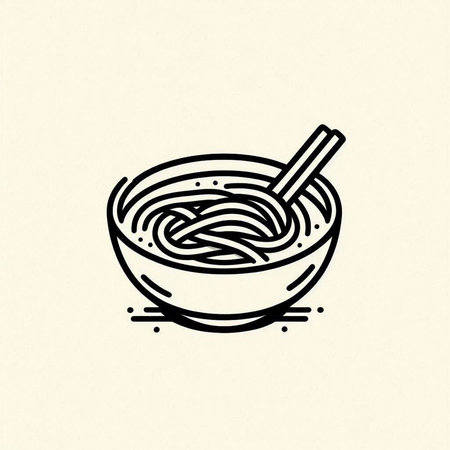 Noodles in a bowl with a spoon. Vector illustration.