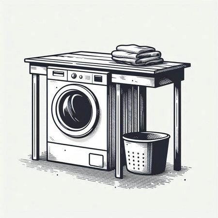 Washing machine and laundry basket. Hand drawn vector illustration in vintage style.