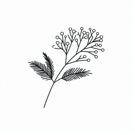 Hand drawn black and white botanical illustration with mimosa flowers.の写真素材