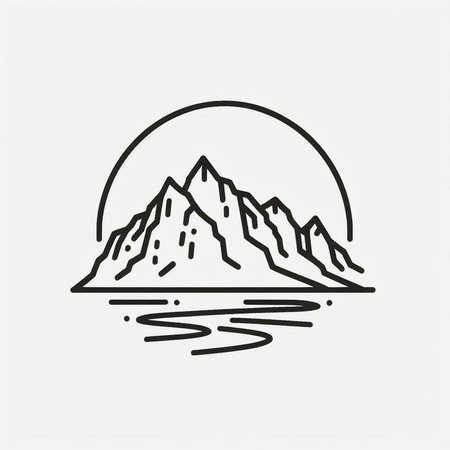 Mountain line icon. Vector illustration of a mountain with a sun.の写真素材