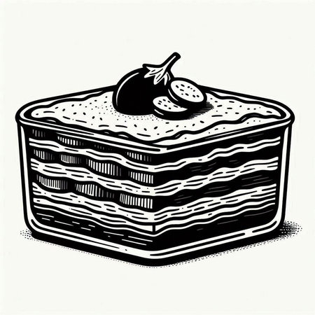 Black and white hand drawn illustration of a piece of cake with figsの写真素材