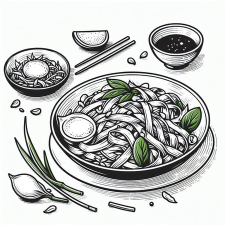 Soba noodle. Japanese food. Hand drawn vector illustration.
