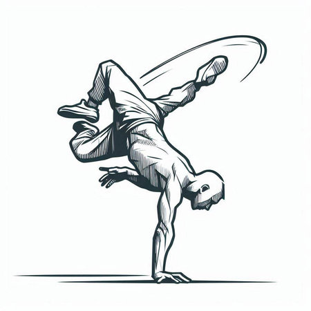 illustration of a breakdancer in black and white colors.