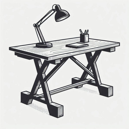 Wooden table with lamp and computer. Hand drawn vector illustration.