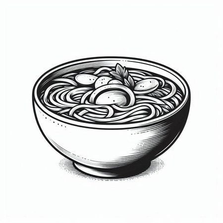Instant noodles in bowl. Hand drawn vector illustration. Engraved style.