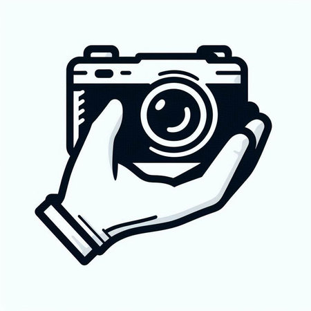 Hand holding a camera. Vector illustration. Black and white photo.