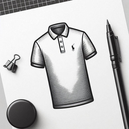 Top view of black and white polo t-shirt mockup on white paper with stationery