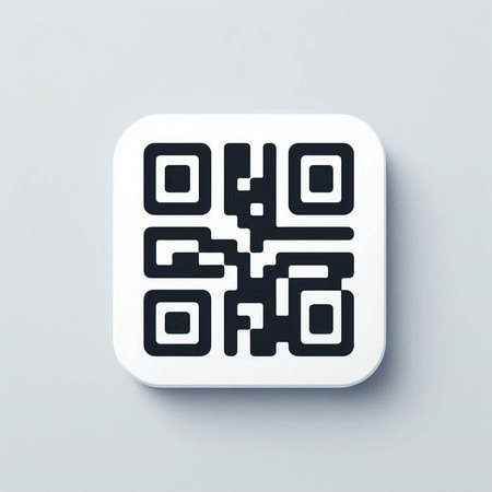Vector white square icon with black QR code on gray background. Eps 10