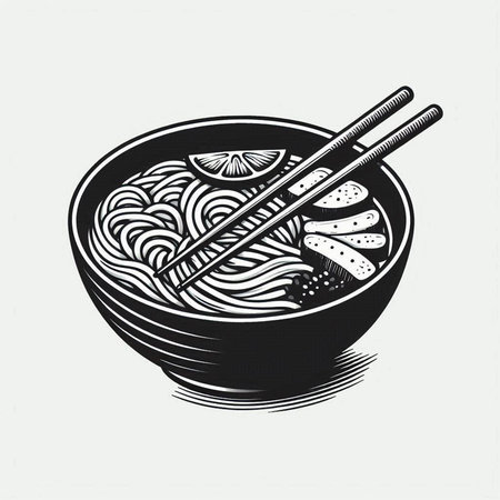 Noodles in a bowl with chopsticks. Vector illustration.