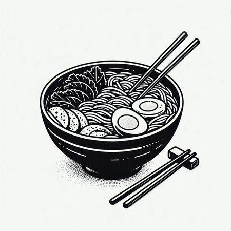 Japanese ramen noodle in bowl with chopsticks. Hand drawn vector illustration