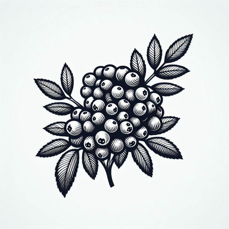 Hand drawn rowan branch with berries and leaves. Vector illustration.