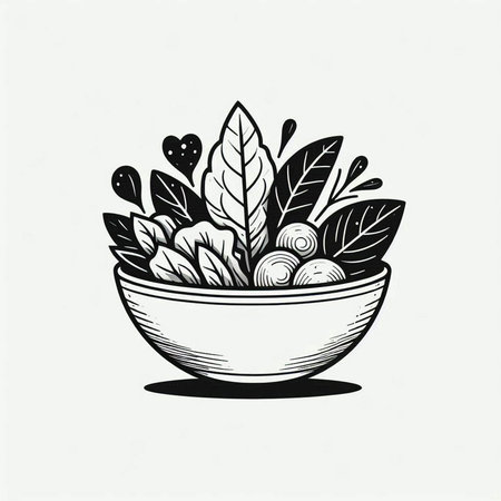 Bowl of salad with herbs and spices. Hand drawn vector illustration.の写真素材