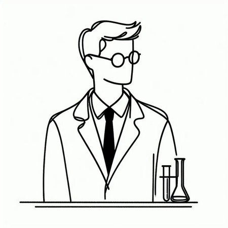 scientist in lab coat and glasses with flasks, vector illustrationの写真素材