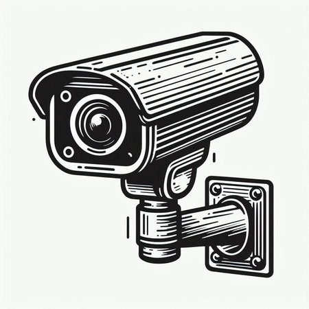 Vector illustration of security camera in engraving style on white background