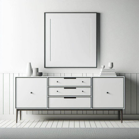 Interior of modern living room with white walls, tiled floor, chest of drawers and horizontal mock...