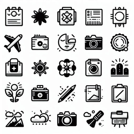 set of 9 black and white icons on the theme of travel and tourismの写真素材
