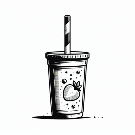 Illustration of a glass of smoothie with a straw and a piece of fruit.の写真素材
