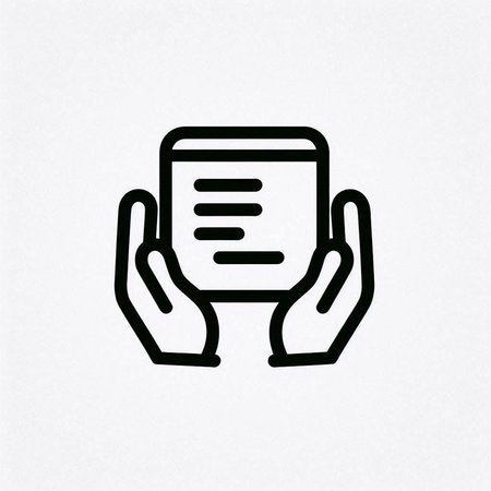 Hands holding a tablet computer, vector line icon on white background