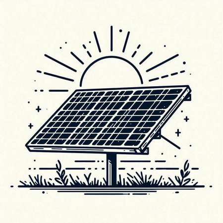 Solar panel with sunburst. Vector illustration in line art style.