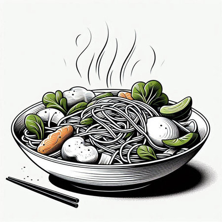 Bowl of noodle with vegetables and chopsticks. Vector illustration.