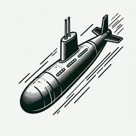 Submarine in engraving style. Isolated vector illustration.