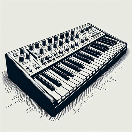 Vector illustration of synthesizer. Black and white hand drawn image.