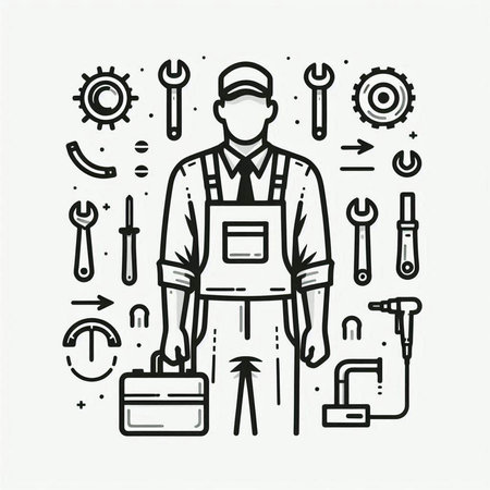 Repairman in uniform with tools. Vector illustration in linear style