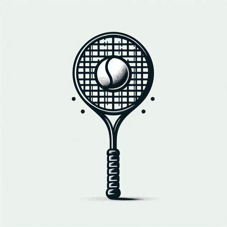 Tennis racket with ball. Monochrome design element. Vector illustration.
