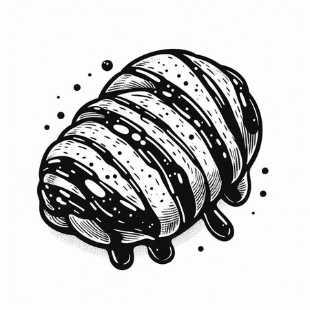 black and white engraving illustration of a croissant with chocolate