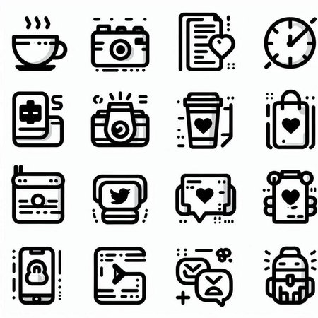 Set of vector line icons of mobile phone, coffee cup, watch, heart, clock.