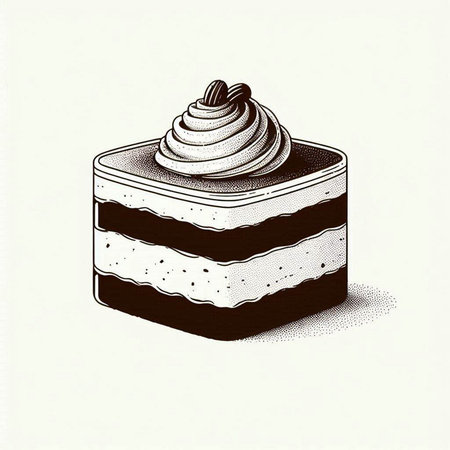 Vector illustration of a piece of chocolate cake with cream on top.