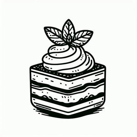 Cake with cream and mint. Hand drawn vector illustration in doodle style.
