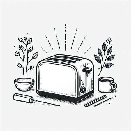 Vector illustration of a toaster with a cup of coffee. Hand drawn style.