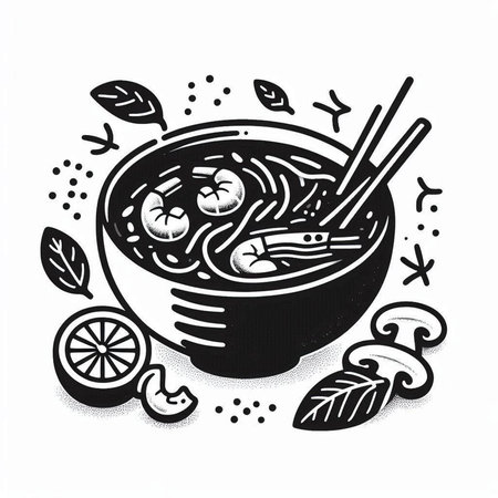 Illustration of noodle soup with shrimps, mushrooms and lemon