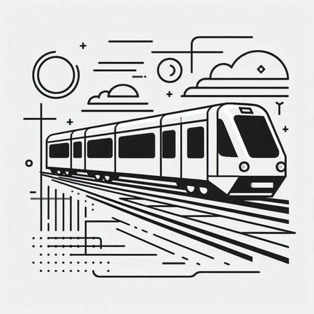 Train on the background of sky and clouds. Monochrome vector illustration.