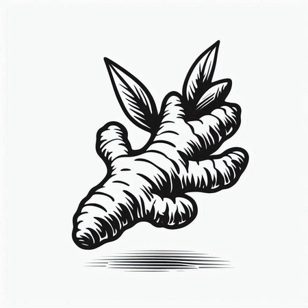 Ginger root with leaves. Vector illustration. Isolated on white background.
