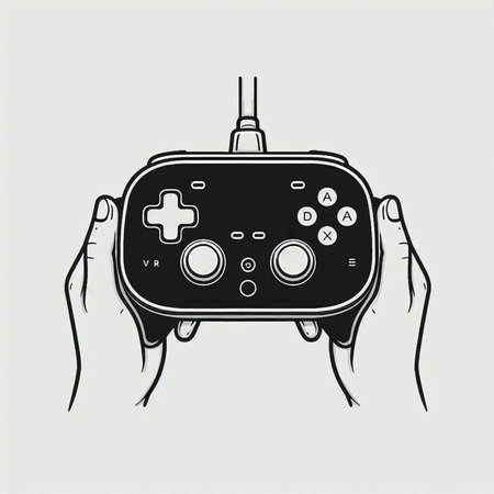 Hand holding a gamepad. Black and white. Vector illustration.