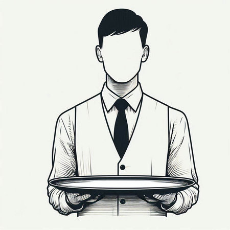 Waiter holding a tray in his hand. Vector illustration of a waiter