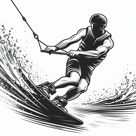 Kitesurfing. Woodcut style image. Vector illustration.