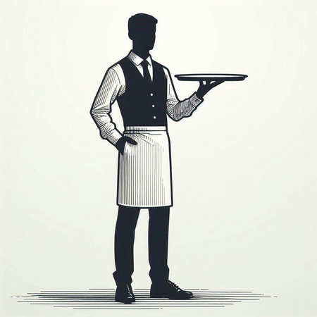 Vector illustration of a waiter with a tray in his hand. Vintage style.
