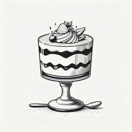 Hand drawn illustration of a tiramisu dessert in a glass cup.