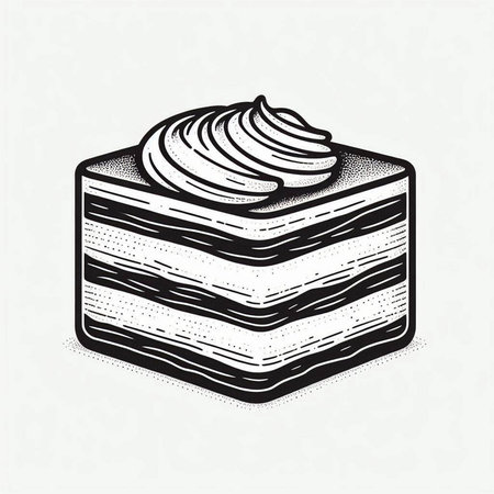 Black and white vector illustration of a piece of cake with cream.