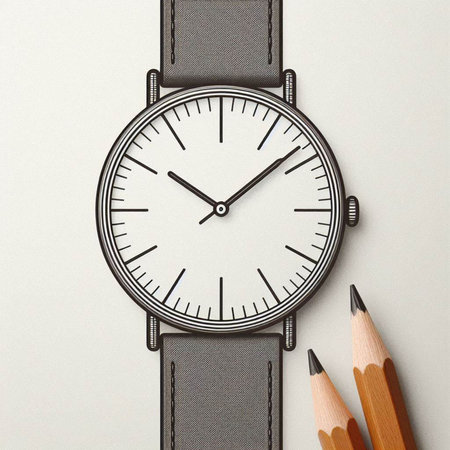 Wristwatch with leather strap and pencils on gray background.