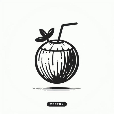 Coconut with a straw. Hand drawn vector illustration on a white background.